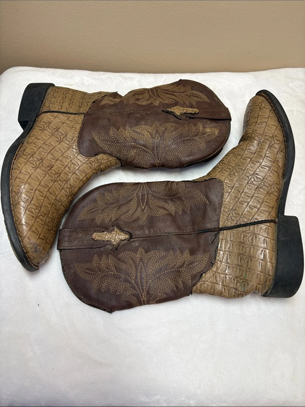 Kids’ Two-Tone Brown Western Cowboy Boots with Croc-Embossed Foot, 3